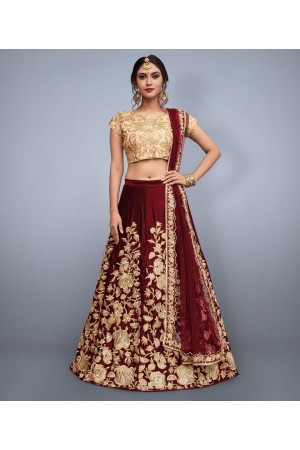 Maroon Velvet Silk Indian wedding wear lehenga choli 751