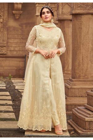 Beige net center slit anarkali suit 2024