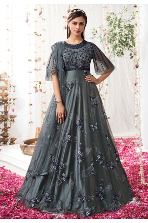 Grey net abaya style anarkali suit 5304