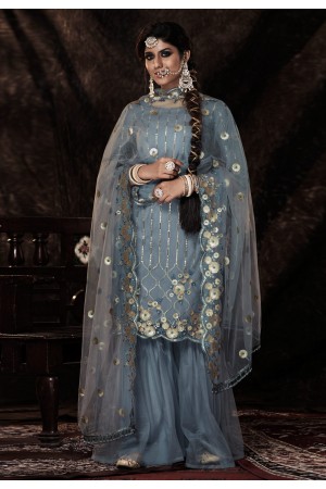 Grey soft net sequence sharara suit 14008