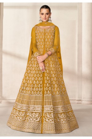 Mustard net embroidered long anarkali suit 9199