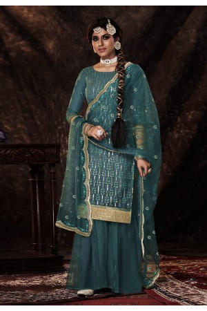 Teal soft net sequence sharara suit 14005