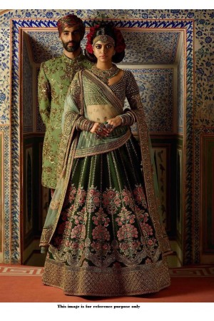 Bollywood Sabyasachi Inspired Pine green Thai silk lehenga