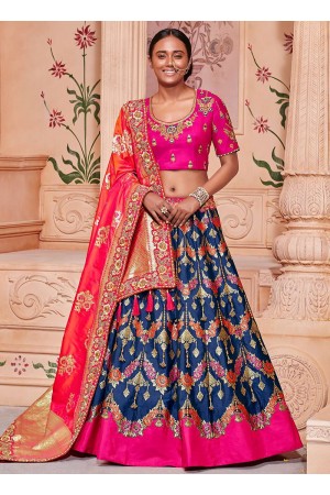 Blue and pink Banarasi silk wedding lehenga choli