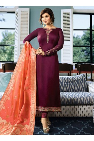 Ayesha Takia Wine color satin georgette straight cut Indian wedding salwar kameez 22121