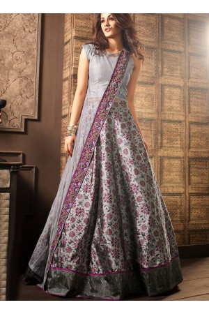 Grey viscous georgette and silk digital wedding lehenga choli