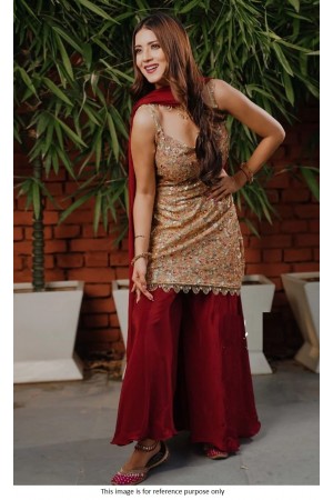 Bollywood model Uppada silk maroon and gold palazzo set