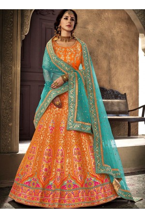 Orange and Rama green brocade wedding lehenga