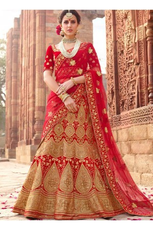 Red color satin silk and net wedding lehenga