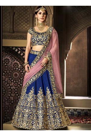 Navy blue and pink handloom silk wedding lehenga
