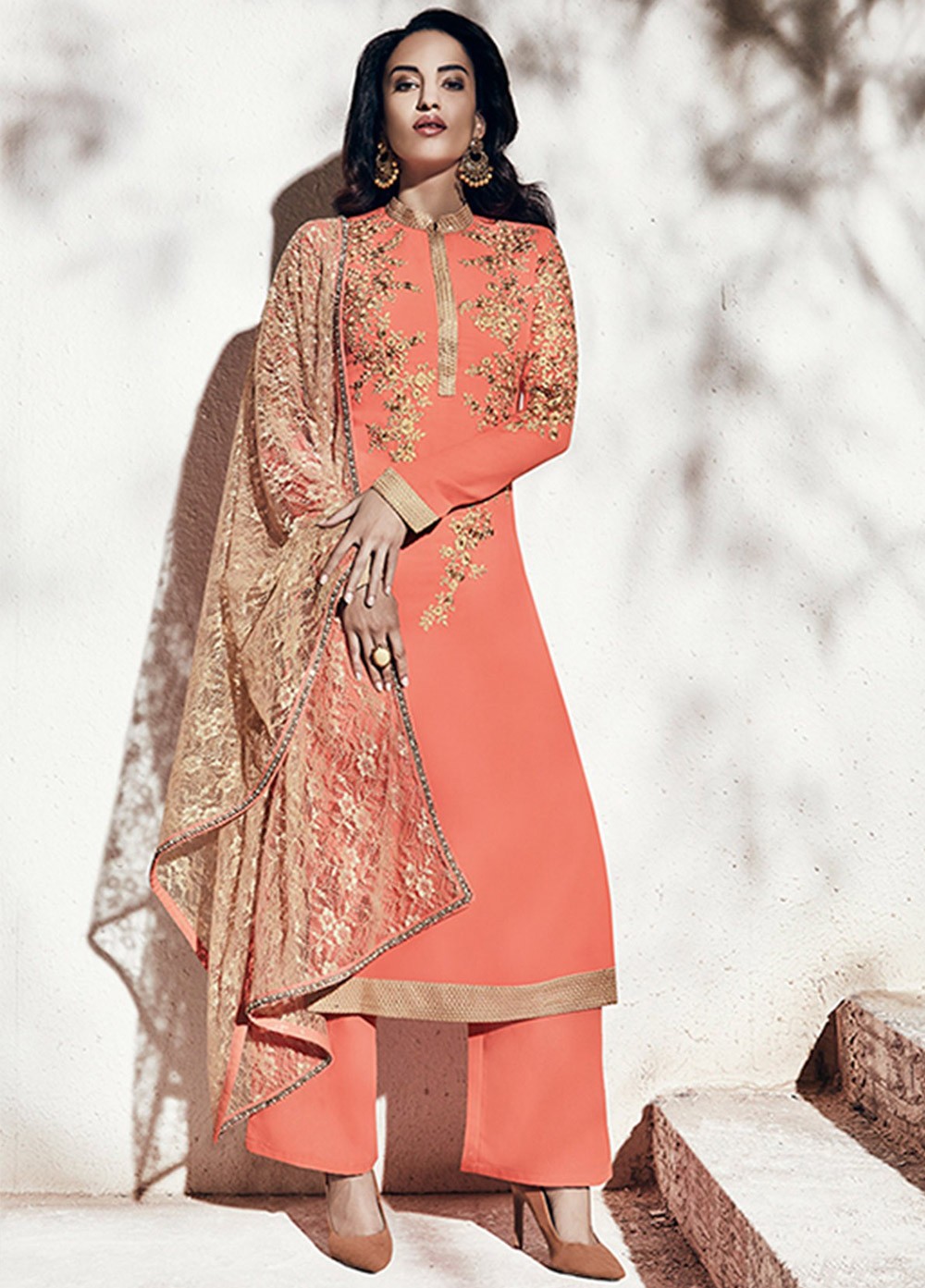 peach and gold outfit