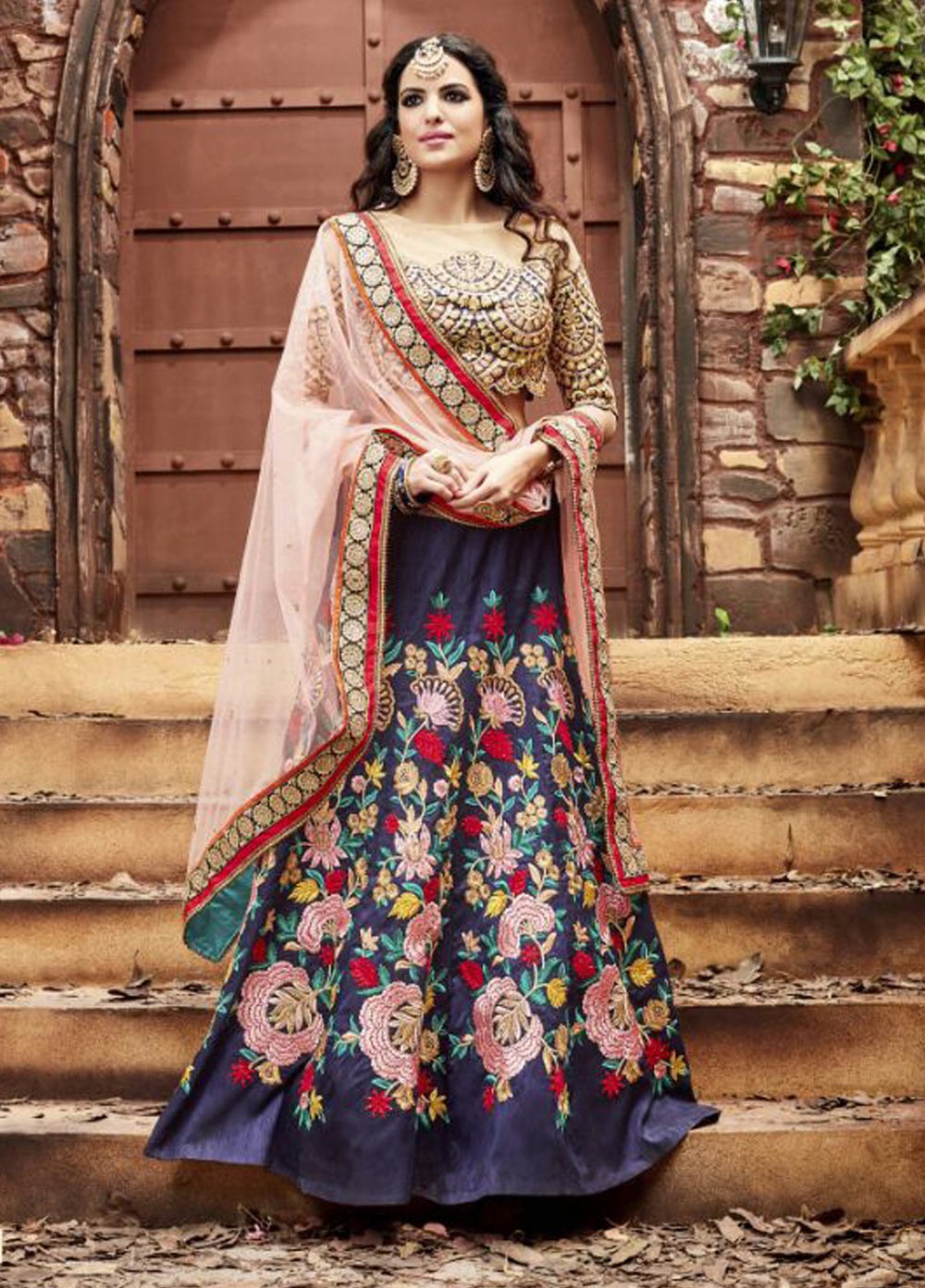 beige and blue lehenga