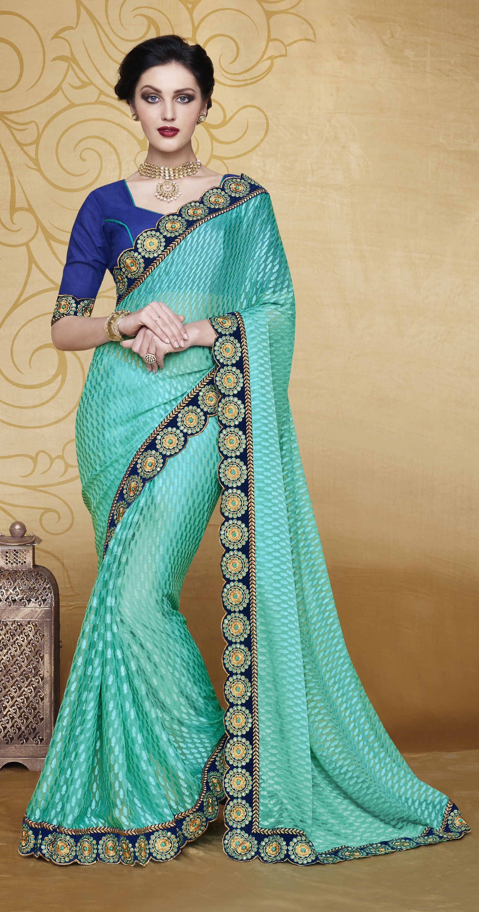 Partywearturquoise2bluecolorsaree