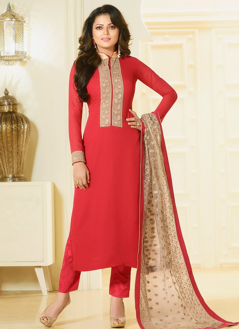 Buy Drashti Dhami Cherry Color Georgette Straight Cut Salwar Kameez In Uk Usa And Canada