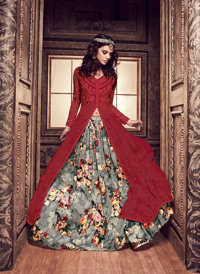 red and grey combination lehenga