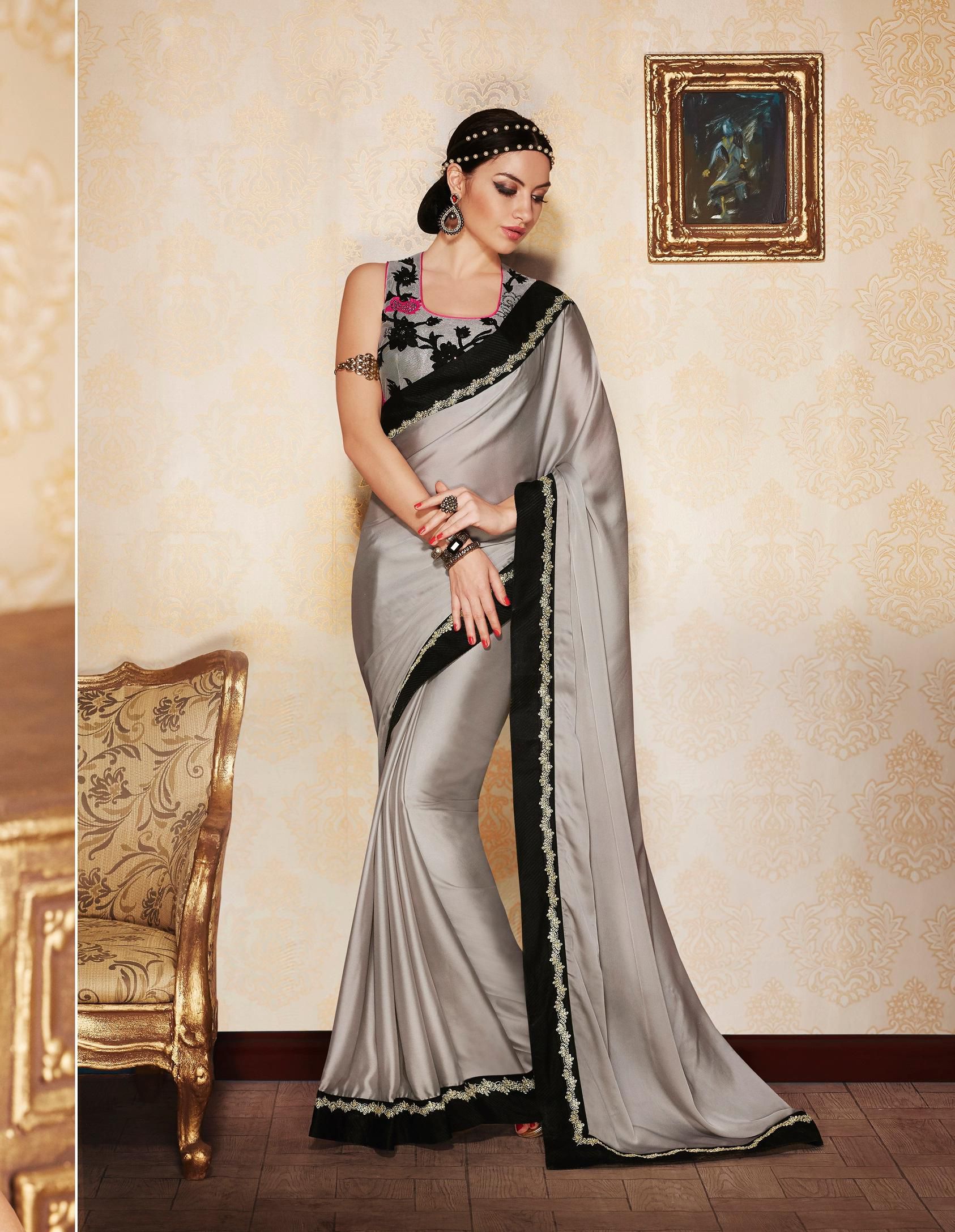 gray saree with black blouse