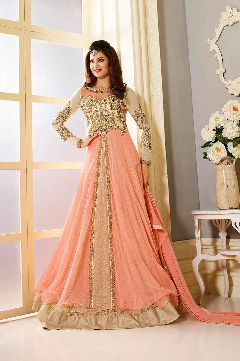 peach color long frock