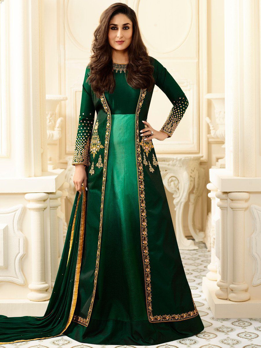 Buy Kareena Kapoor Bottle Green Georgette Straight Cut Salwar Kameez In Uk Usa And Canada 