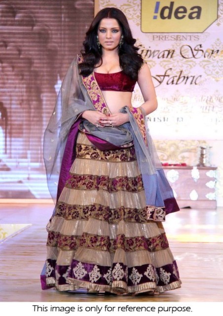 Bollywood Style Celina Jaitley net and velvet mijwan lehenga in biege and purple color
