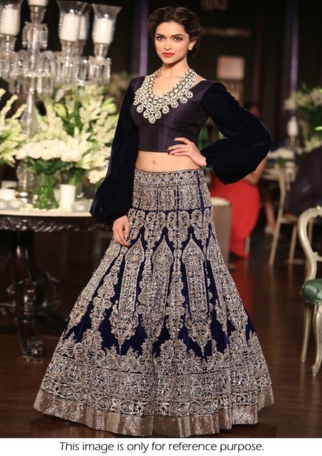 Bollywood Style Deepika Padukone heavy embroidered Moss Velvet lehenga in deep blue color