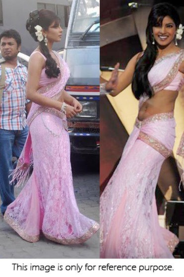 Bollywood Style Priyanka Chopra net and silk lehenga choli set in light pink color