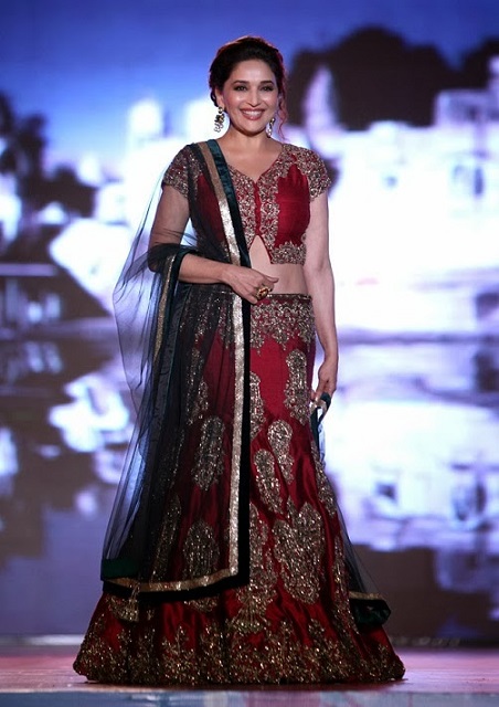 Bollywood Style Madhuri Dixit moss velvet lehenga in maroon color