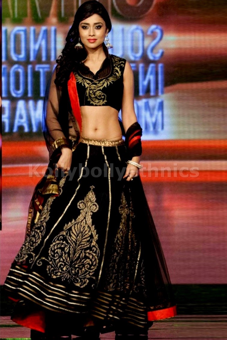 Bollywood Style Shreya saran net and velvet lehenga in black color 