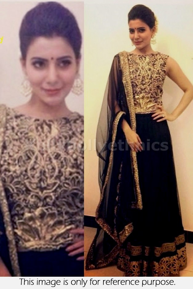 Bollywood Style Samantha Net and Georgette lehenga in black and gold color