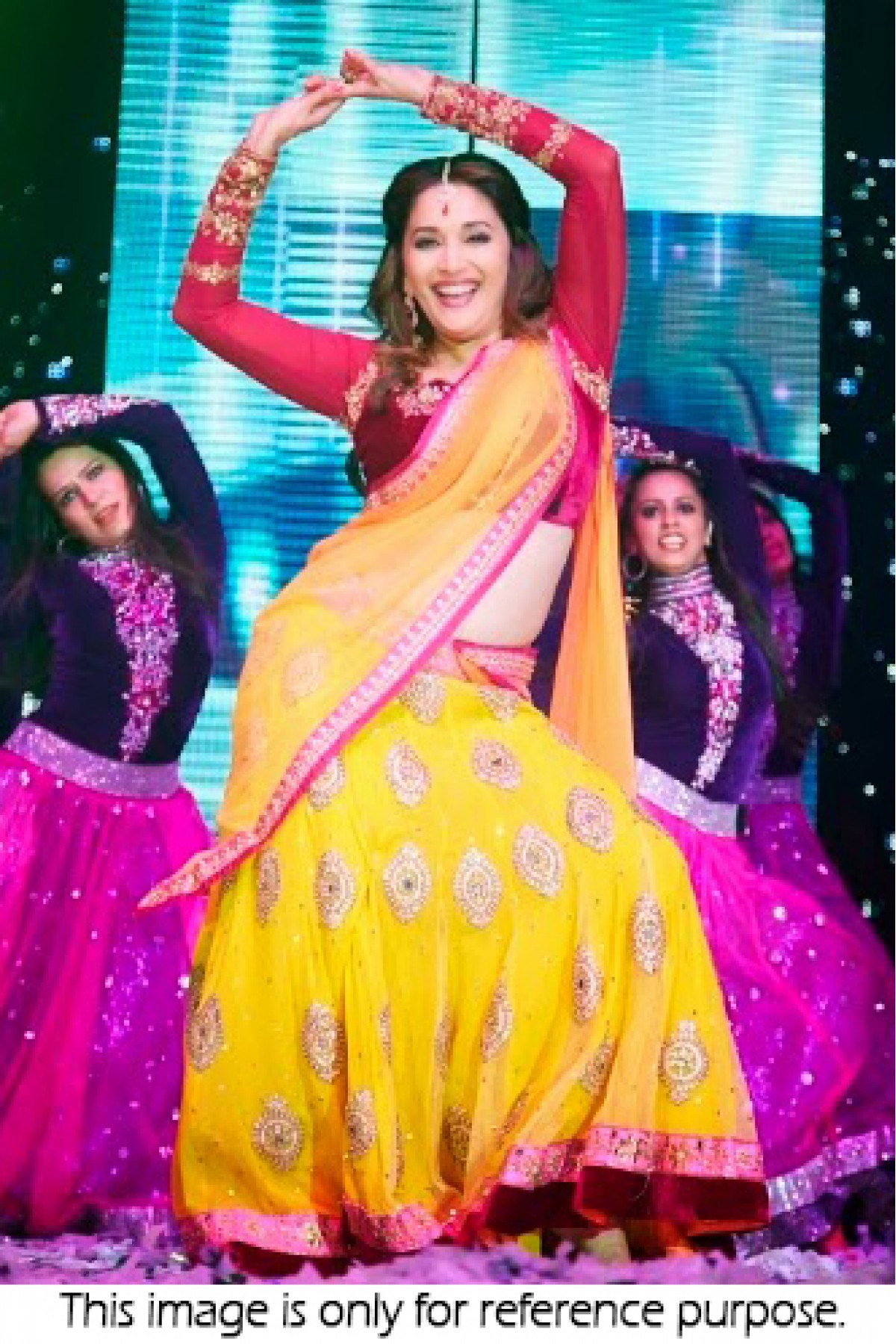 Bollywood Style Madhuri Dixit georgette and net lehenga in yellow and purle colour