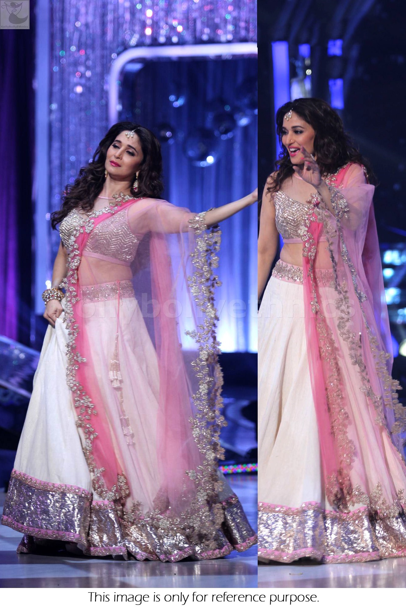 Bollywood Style Madhuri Dixit Jhalak Dhikla jaa Georgette net and silver dhupion lehenga in pink and