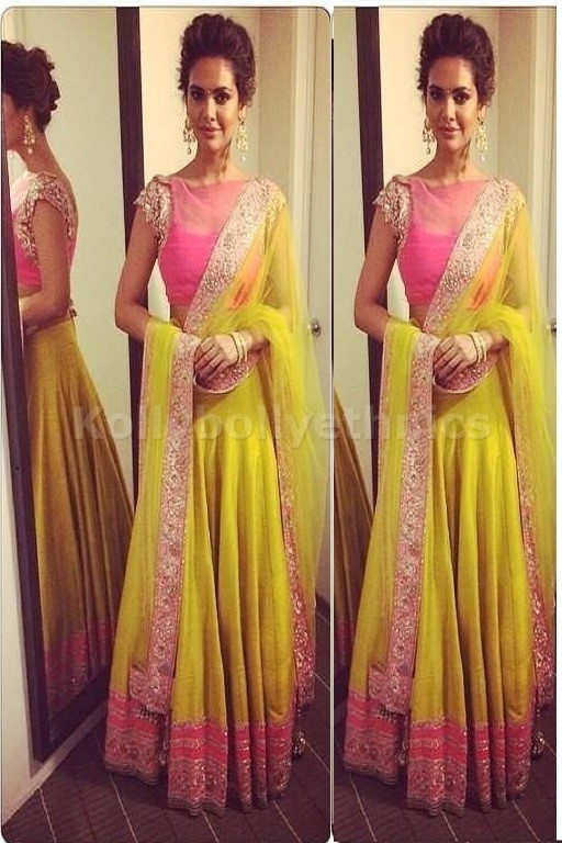 Bollywood Style Esha Gupta silk lehenga in Pink and yellow color