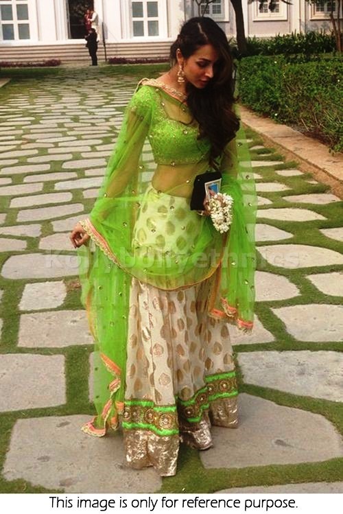 Bollywood Style Malaika Arora Khan viscouse georgette lehenga in off white and parrot green color
