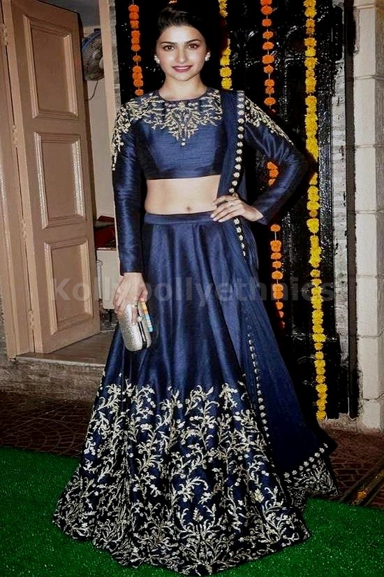 Bollywood Style Prachi desai raw silk lehenga in Navy blue and gold color