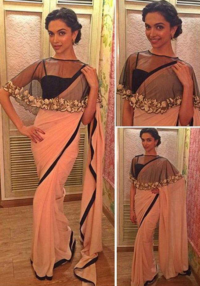 Bollywood Style Deepika Padukone peach and black colour georgette saree