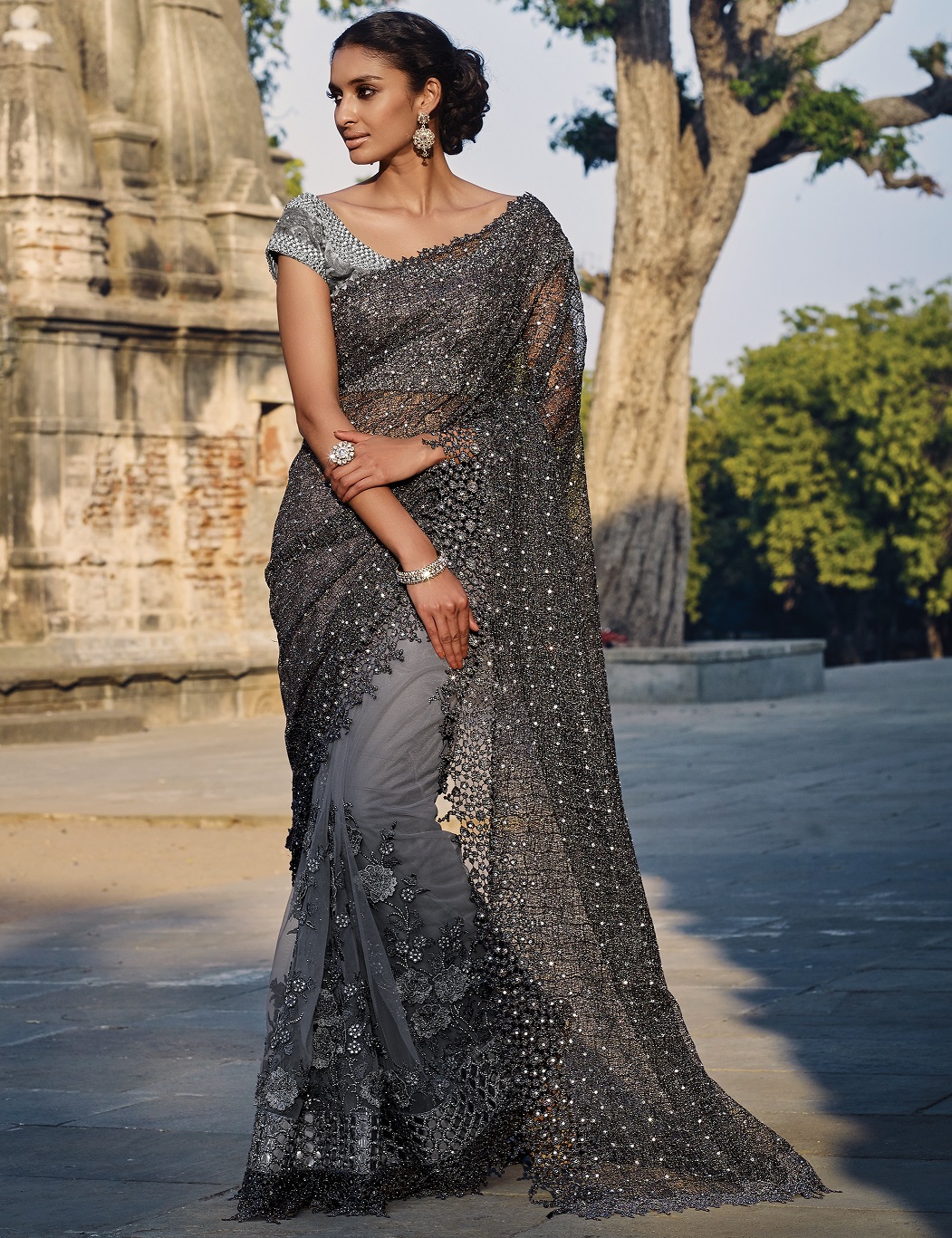 delightful grey colour net festival wear gown
