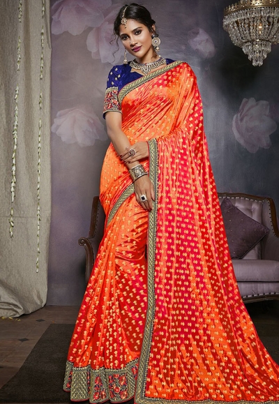 Orange silk embroidered saree with blouse 813