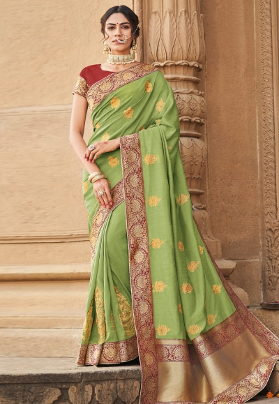 Light green cotton embroidered saree with blouse 1023B