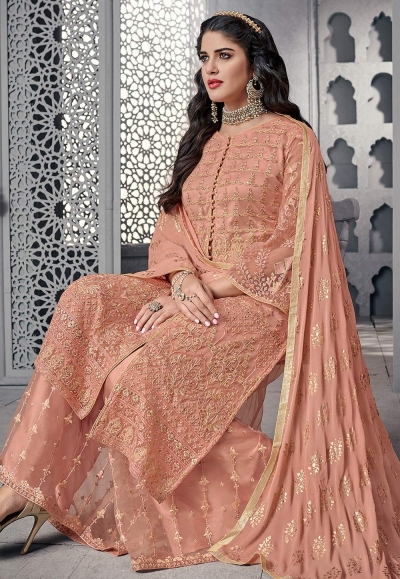 Peach Heavy Butterfly Net Palazzo Suit With Embroidery Sequence Work