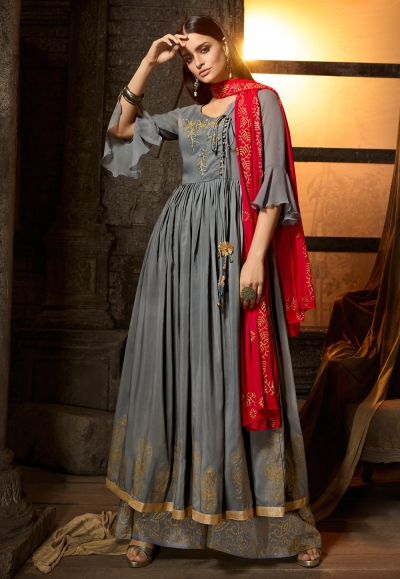Gray muslin embroidered kameez with palazzo 7503
