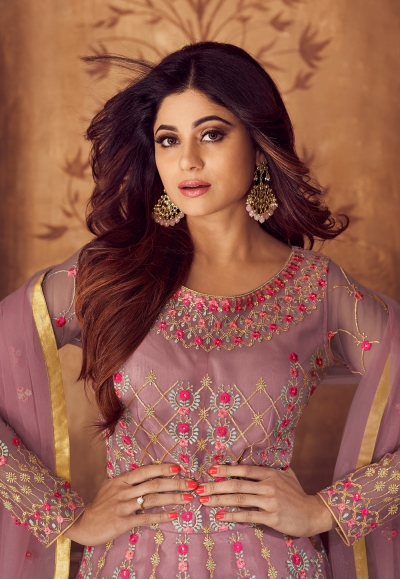 Shamita Shetty Yellow Color Net Embroidered Anarkali Suit