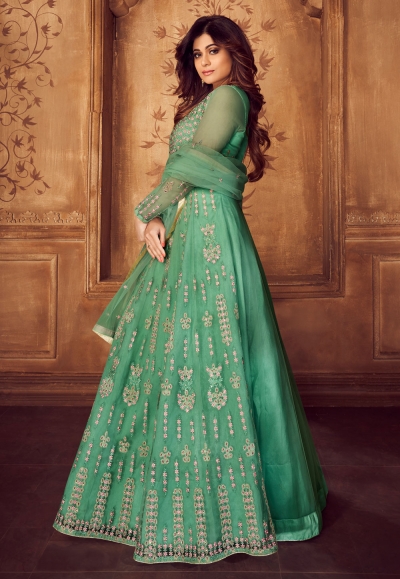 Shamita Shetty Blue Color Net Embroidered Anarkali Suit