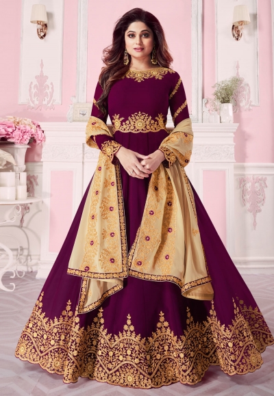 Shamita Shetty Purple Color Net Embroidered Anarkali Suit