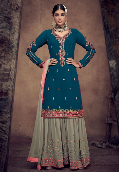 Blue georgette embroidered sharara suit 8012