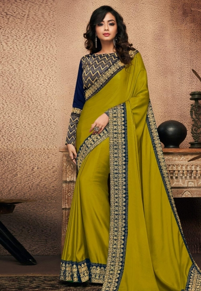 Green satin saree with blouse 10714