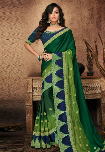 Green satin saree with blouse 10705