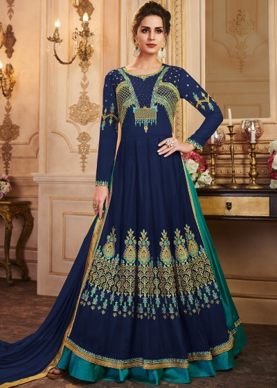 Royal Blue Embroidered Kurti Style Lehenga 43001