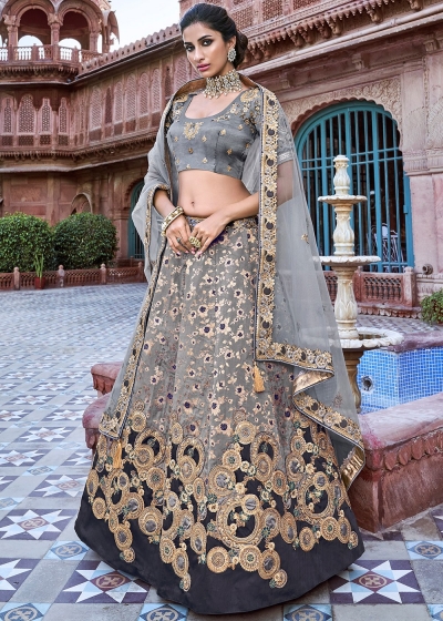 Grey Silk Jacquard Traditional Lehenga Choli 2715