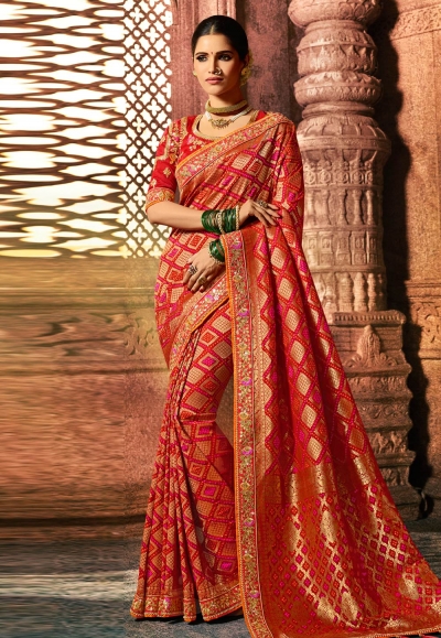 Red viscose embroidered festival wear saree 5601