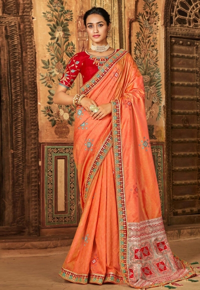 Orange banarasi silk festival wear saree 77438