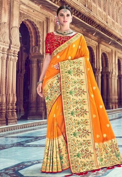 Orange banarasi silk saree with blouse 3008